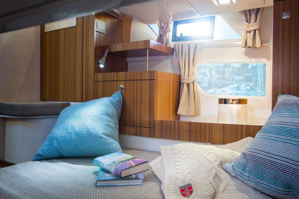 Cabin on Pepper, a Marex 310 Sun Cruiser motorboat at Corfu, Greece