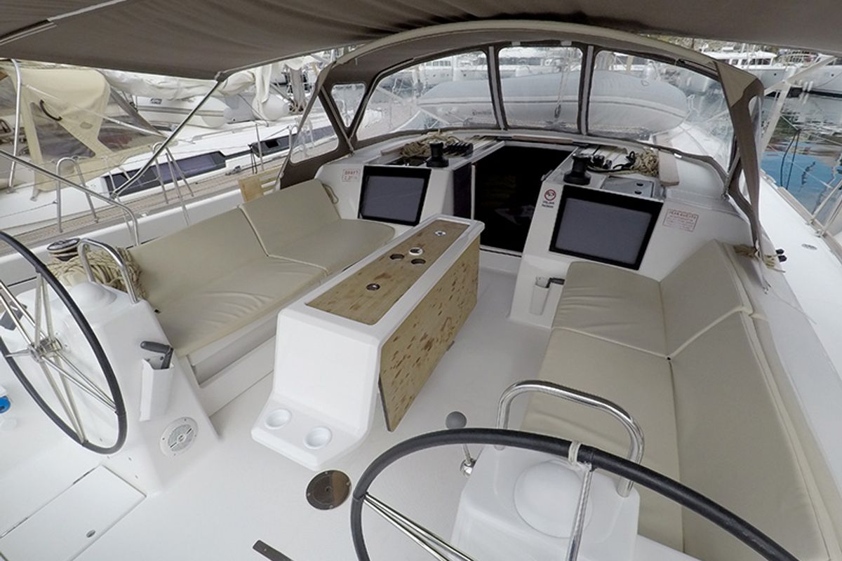 Cockpit of Almar, a Dufour 460 GL sailboat at Grad Šibenik, Croatia