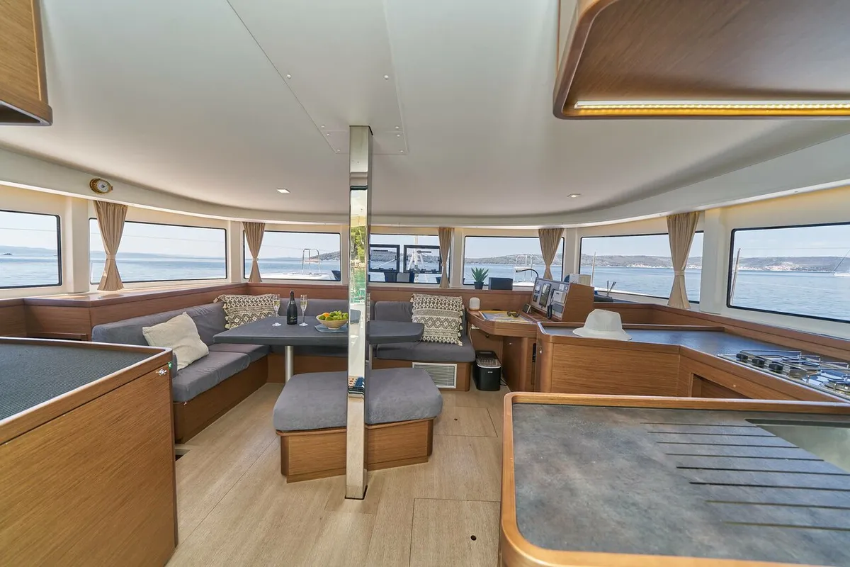 Salon of Aura, a Lagoon 42 catamaran at Split, Croatia