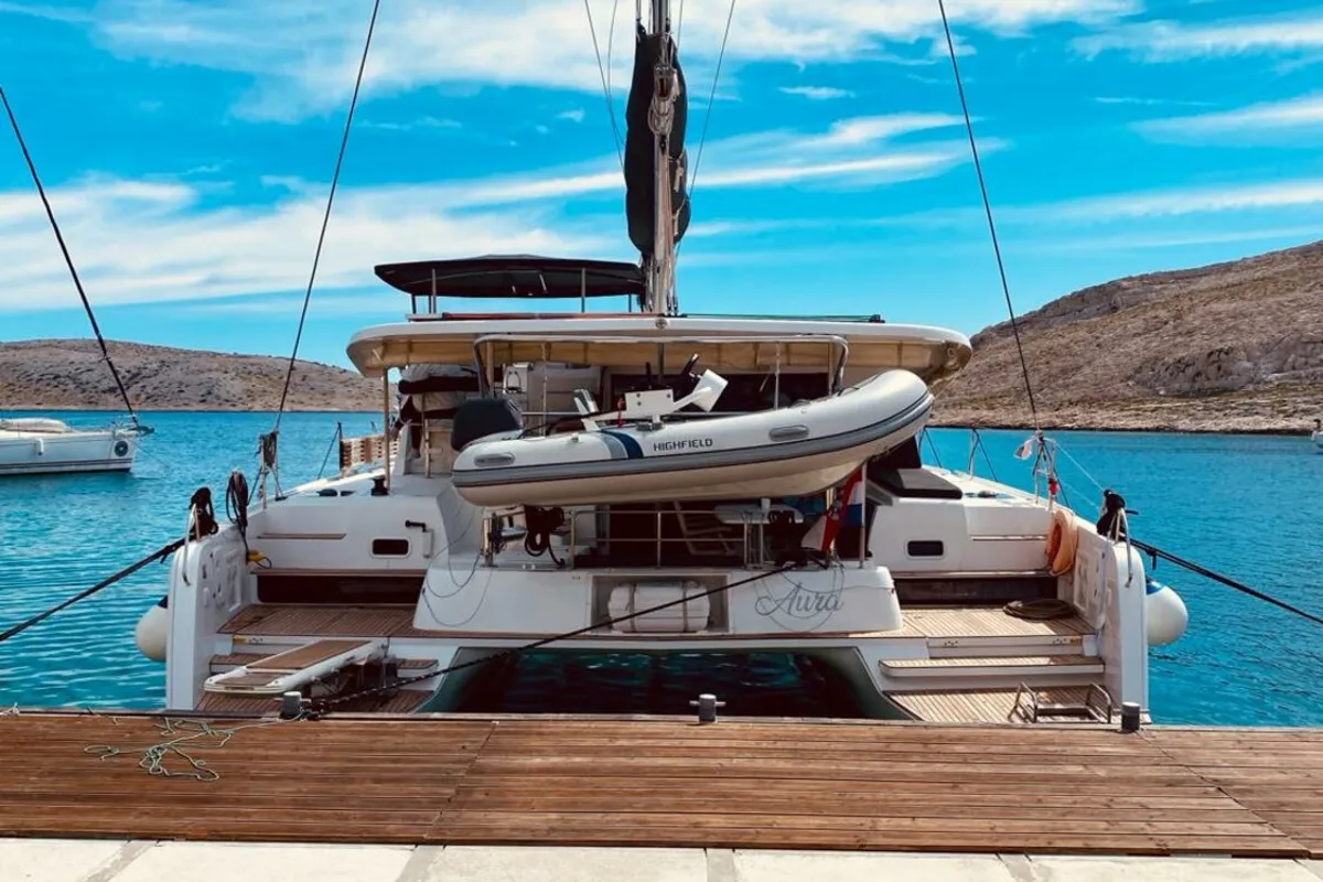 Exterior view of Aura, a Lagoon 42 catamaran at Split, Croatia