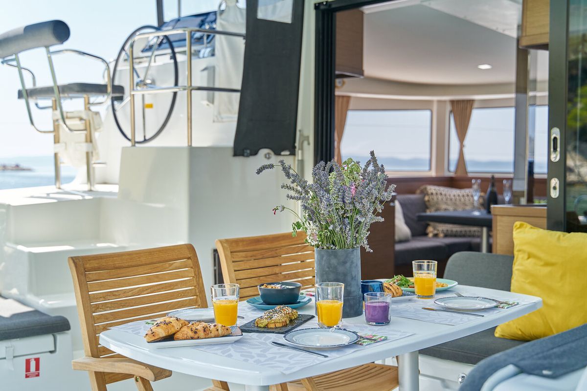 Deck of Aura, a Lagoon 42 catamaran at Split, Croatia