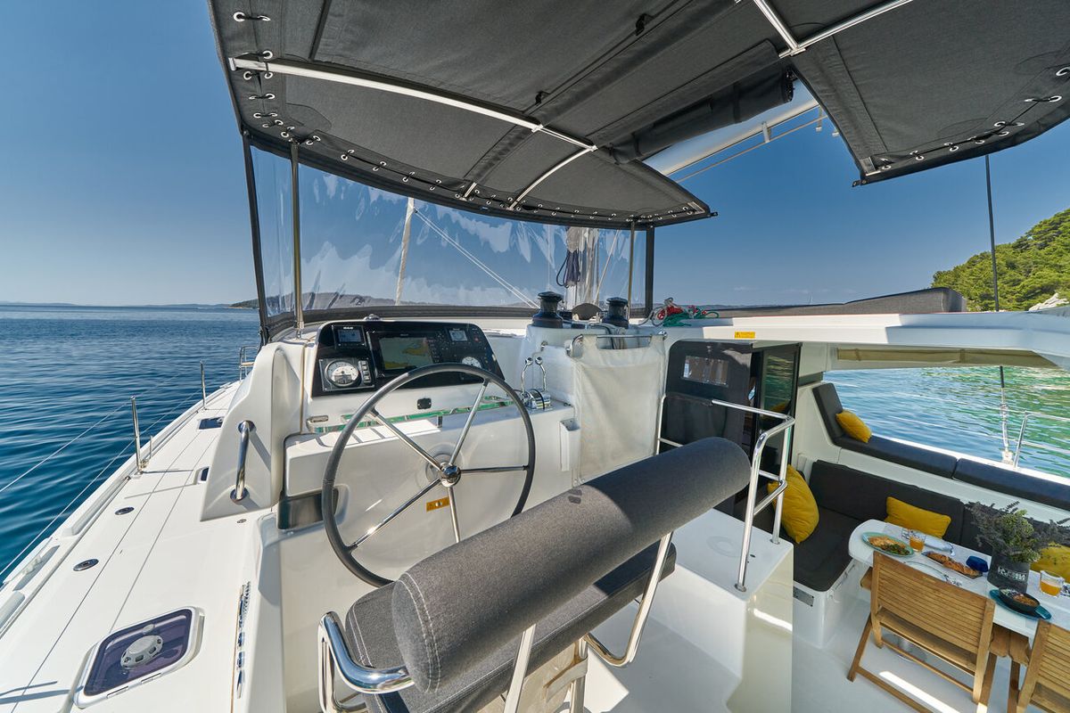 Cockpit of Aura, a Lagoon 42 catamaran at Split, Croatia