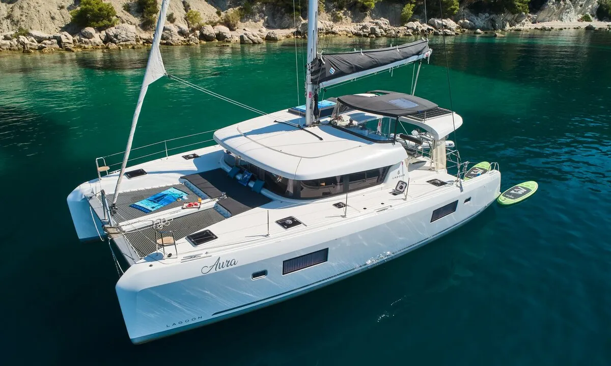 Exterior view of Aura, a Lagoon 42 catamaran at Split, Croatia