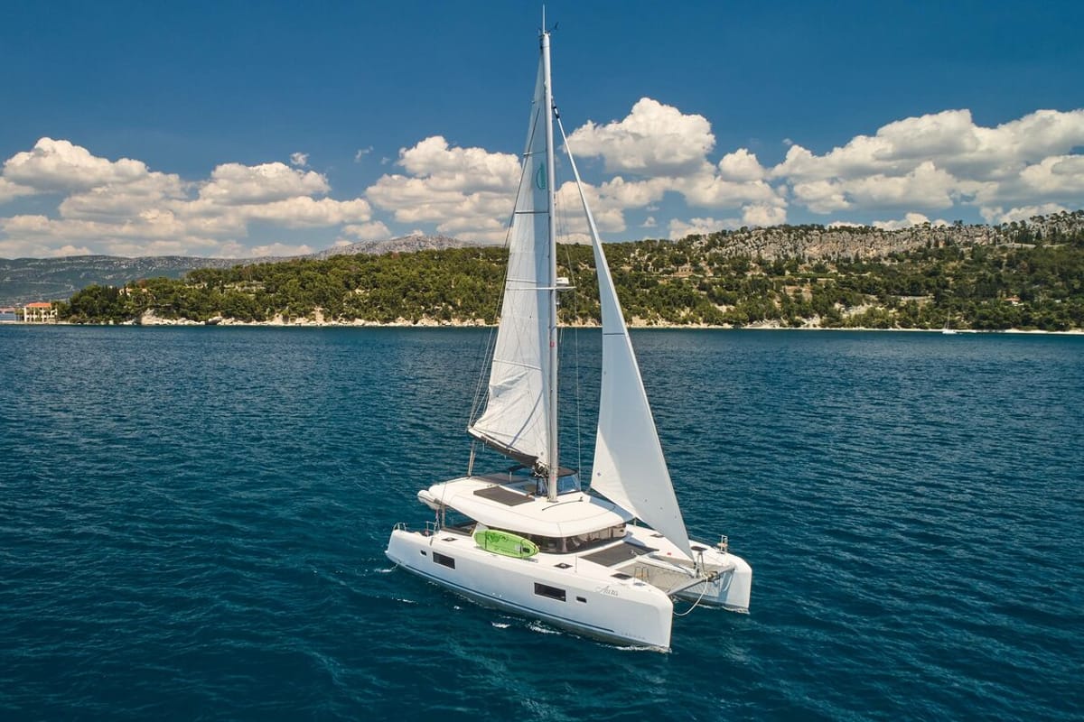 Exterior view of Aura, a Lagoon 42 catamaran at Split, Croatia