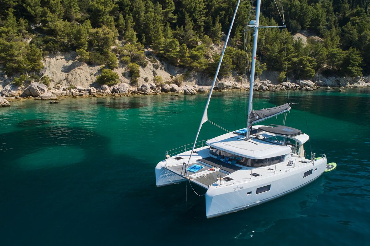 Exterior view of Aura, a Lagoon 42 catamaran at Split, Croatia