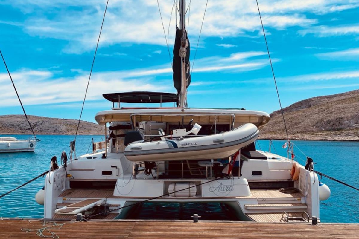 Exterior view of Aura, a Lagoon 42 catamaran at Split, Croatia