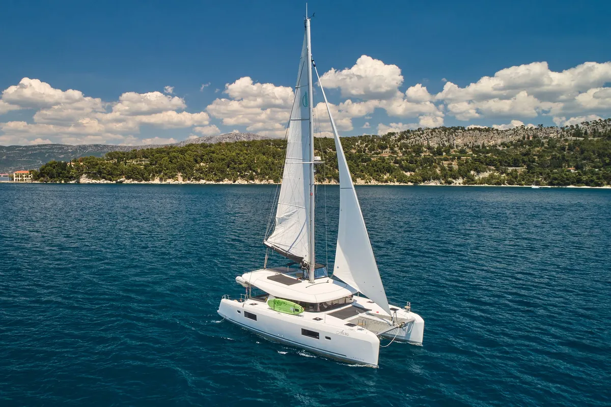 Exterior view of Aura, a Lagoon 42 catamaran at Split, Croatia