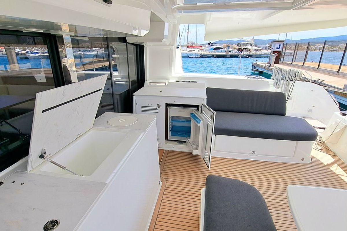 Deck of Silver Elli, a Lagoon 46 catamaran at Sant Antoni de Portmany, Spain