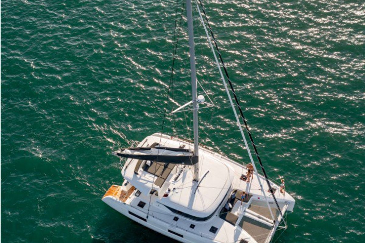 Exterior view of Silver Elli, a Lagoon 46 catamaran at Sant Antoni de Portmany, Spain