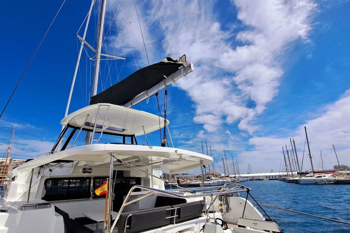 Exterior view of Silver Elli, a Lagoon 46 catamaran at Sant Antoni de Portmany, Spain