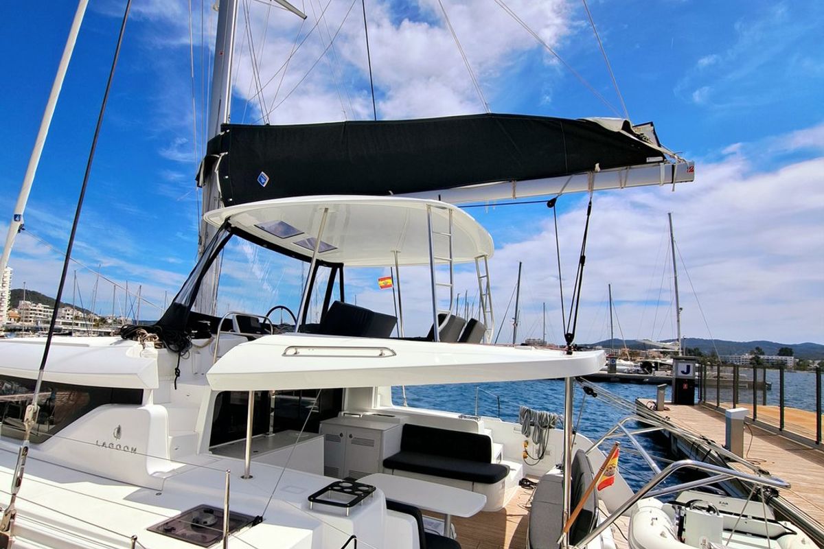 Exterior view of Silver Elli, a Lagoon 46 catamaran at Sant Antoni de Portmany, Spain