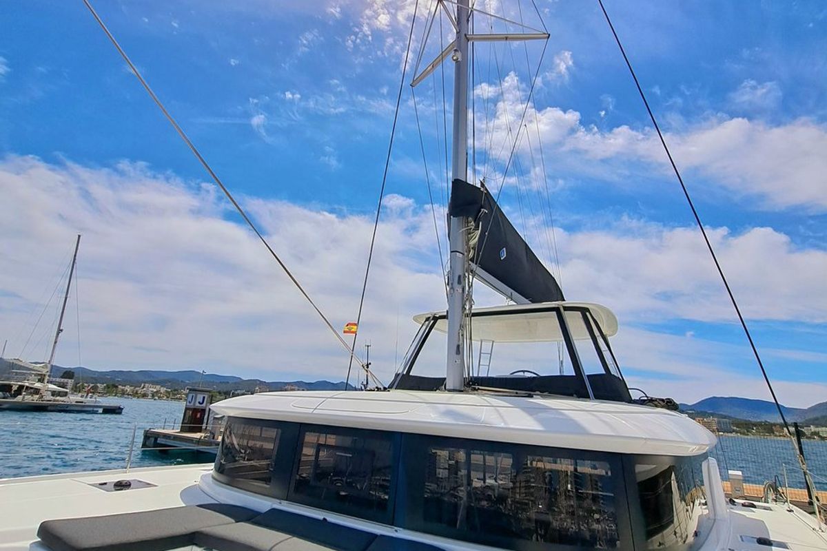 Exterior view of Silver Elli, a Lagoon 46 catamaran at Sant Antoni de Portmany, Spain