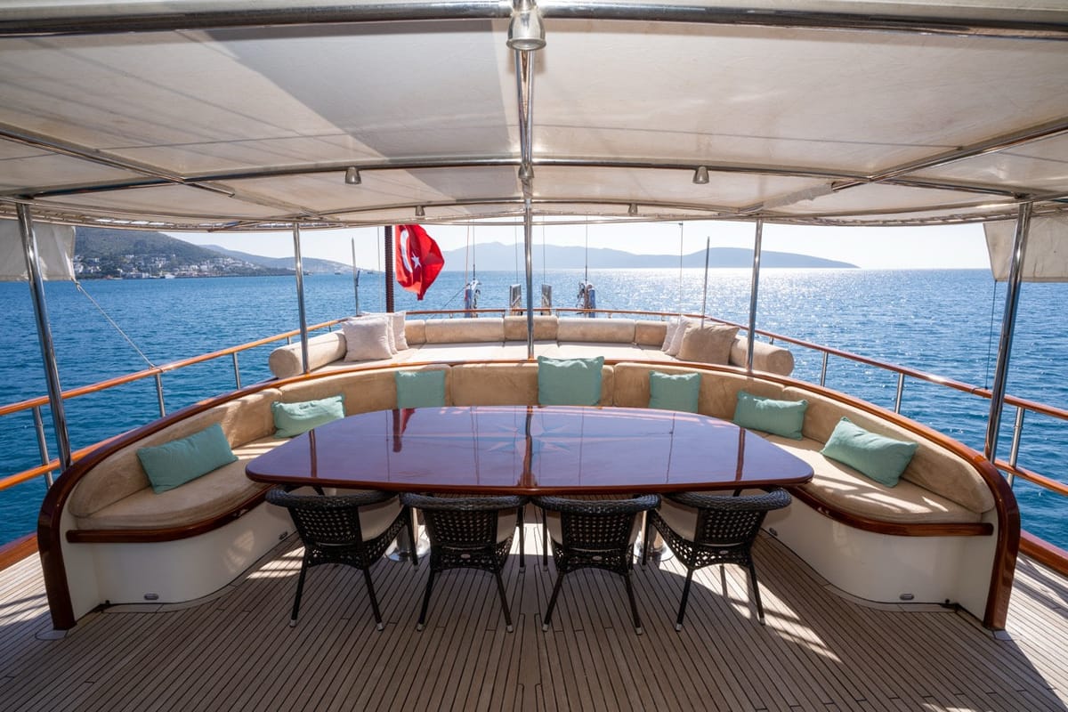 Deck of Dragon Fly, a Gulet Custom built 183 yacht at Bodrum, Turkey