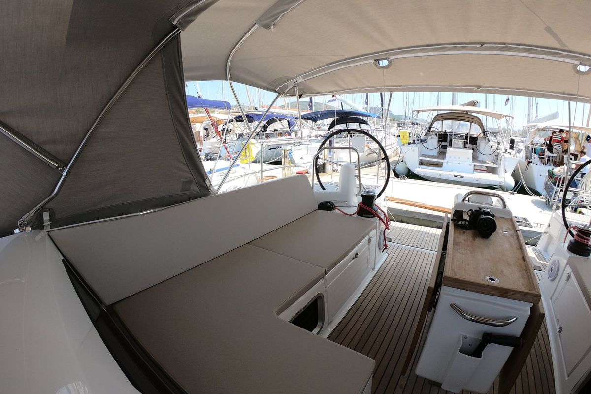 Cockpit of Nonna, a Jeanneau Sun Odyssey 490 sailboat at Grad Šibenik, Croatia