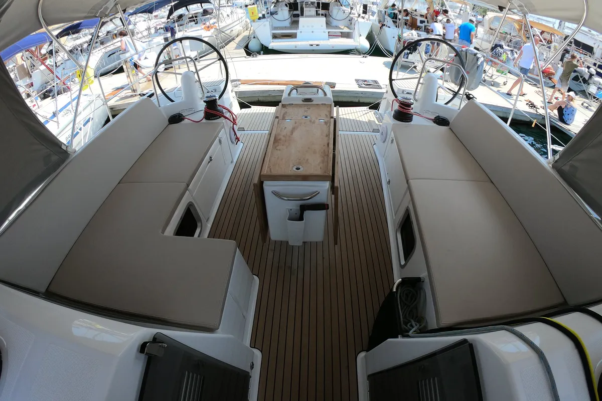 Cockpit of Nonna, a Jeanneau Sun Odyssey 490 sailboat at Grad Šibenik, Croatia