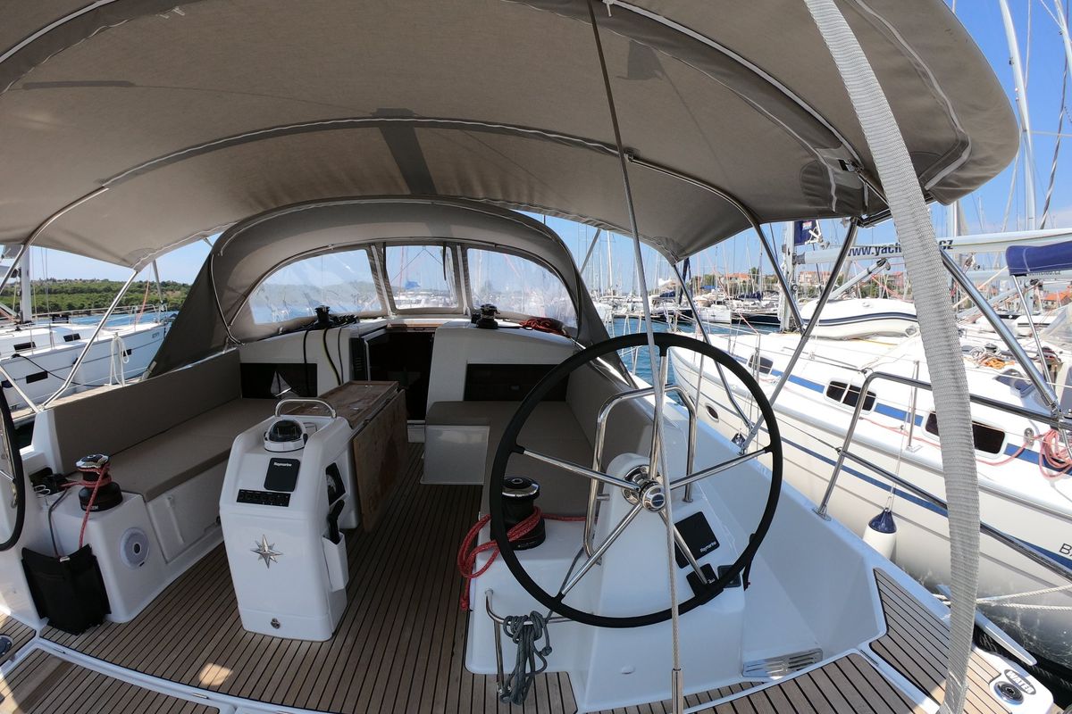 Cockpit of Nonna, a Jeanneau Sun Odyssey 490 sailboat at Grad Šibenik, Croatia