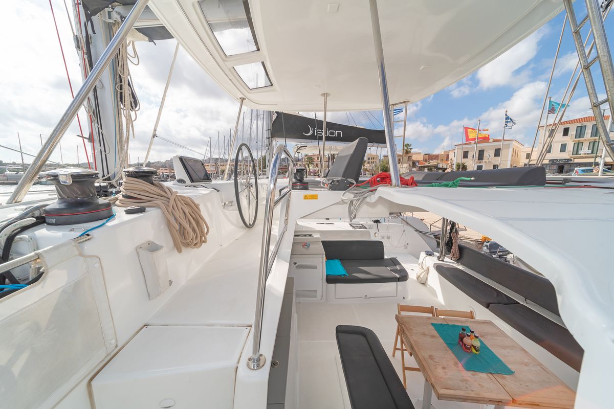 Cockpit of One Thought, a Lagoon 46 catamaran at Municipal Unit of Lefkada, Greece