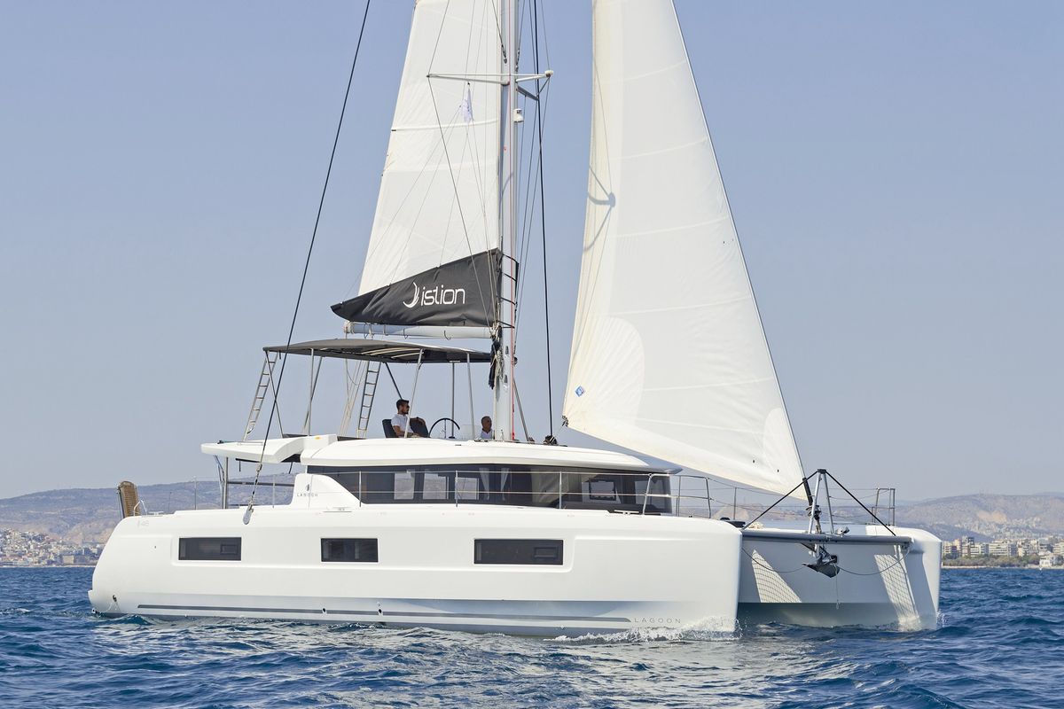 Exterior view of One Thought, a Lagoon 46 catamaran at Municipal Unit of Lefkada, Greece