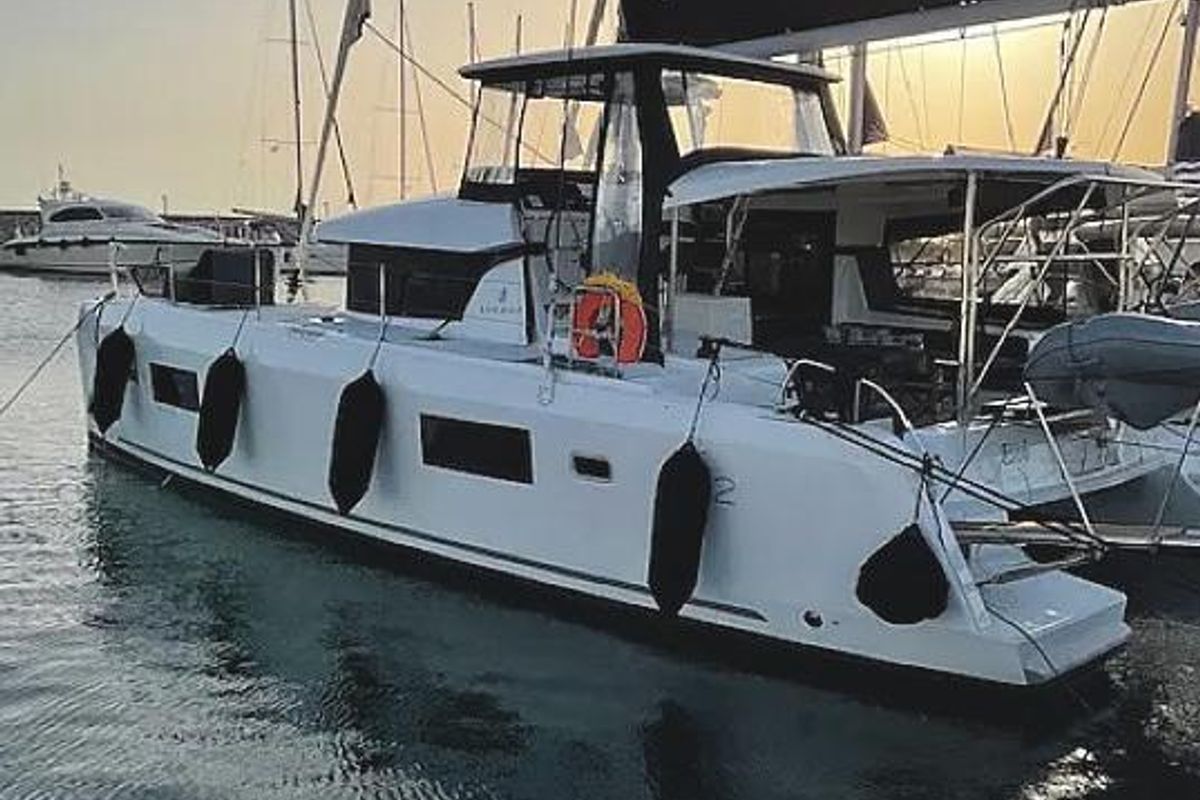 Exterior view of Bob, a Lagoon 42 catamaran at Athens, Greece