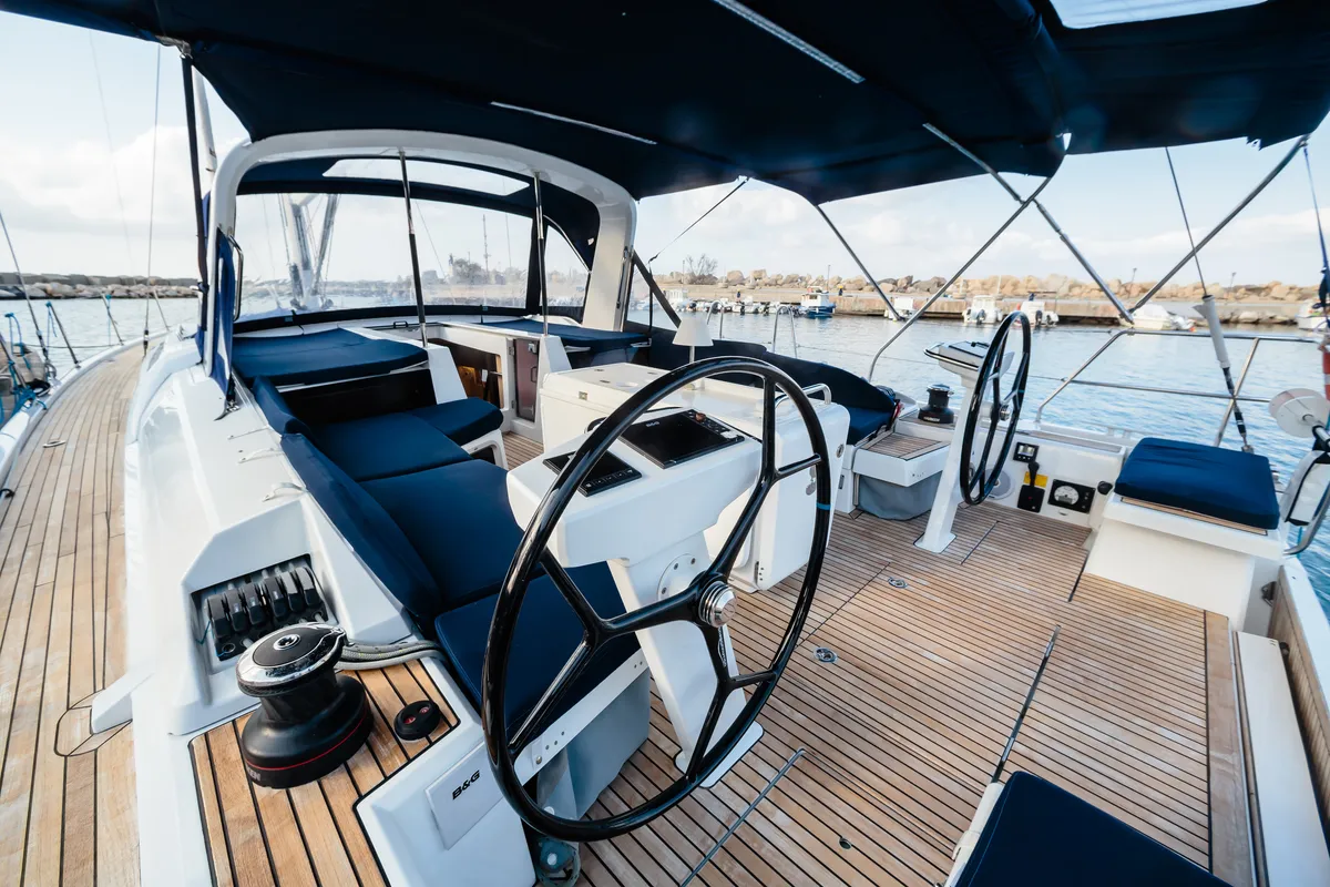 Cockpit of Maelle - Standard line, a Beneteau Oceanis 51.1 sailboat at Tonnarella, Italy