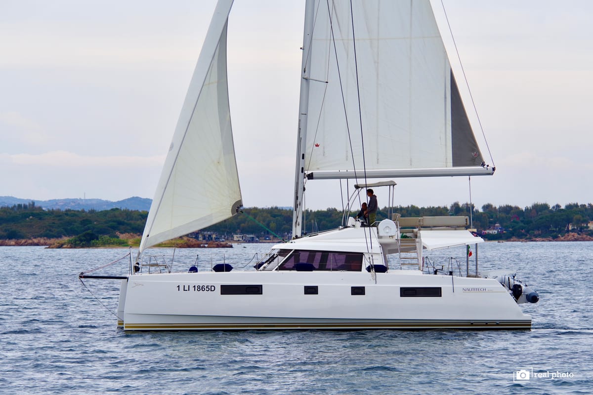 Exterior view of Fiammetta, a Nautitech Rochefort Nautitech 46 Fly catamaran at Puntone di Scarlino, Italy