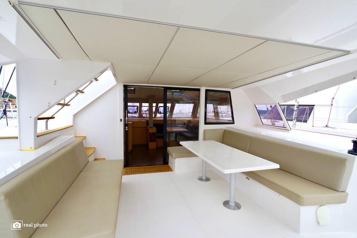 Deck of Fiammetta, a Nautitech Rochefort Nautitech 46 Fly catamaran at Puntone di Scarlino, Italy