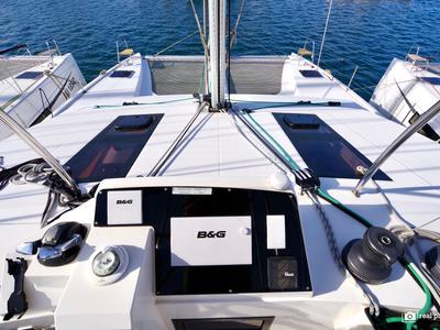 Cockpit of Fiammetta, a Nautitech Rochefort Nautitech 46 Fly catamaran at Puntone di Scarlino, Italy