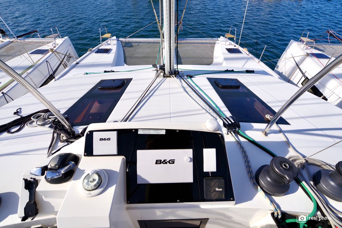 Cockpit of Fiammetta, a Nautitech Rochefort Nautitech 46 Fly catamaran at Puntone di Scarlino, Italy