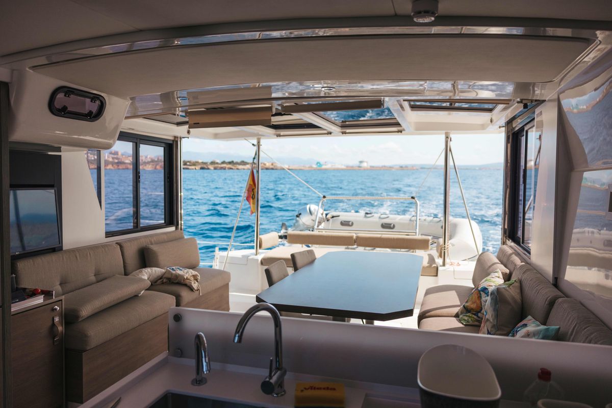 Salon of Loxarel, a Bali 4.2 catamaran at Ibiza, Spain