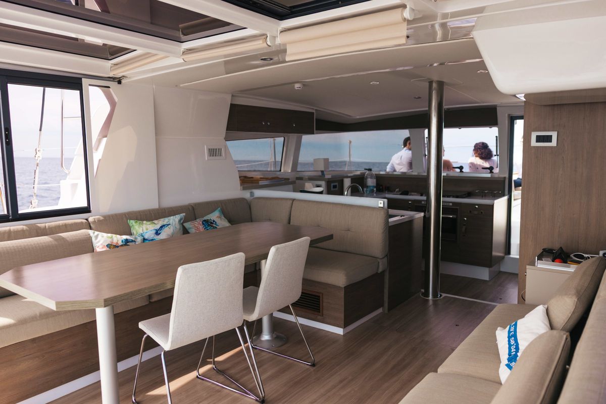 Salon of Loxarel, a Bali 4.2 catamaran at Ibiza, Spain