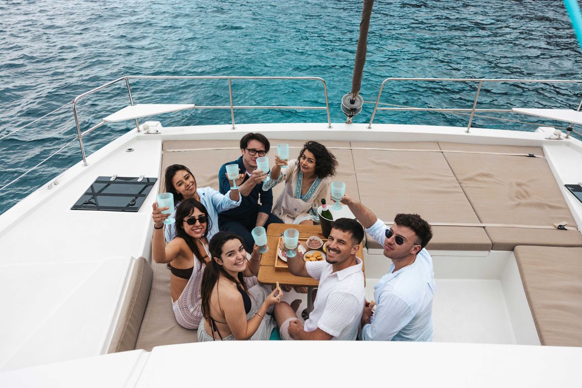 Deck of Loxarel, a Bali 4.2 catamaran at Ibiza, Spain