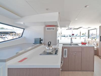 Galley of Basma, a Bali 4.8 catamaran at Athens, Greece
