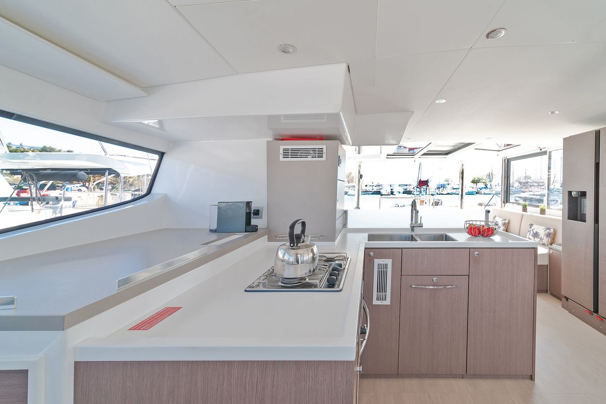 Galley of Basma, a Bali 4.8 catamaran at Athens, Greece