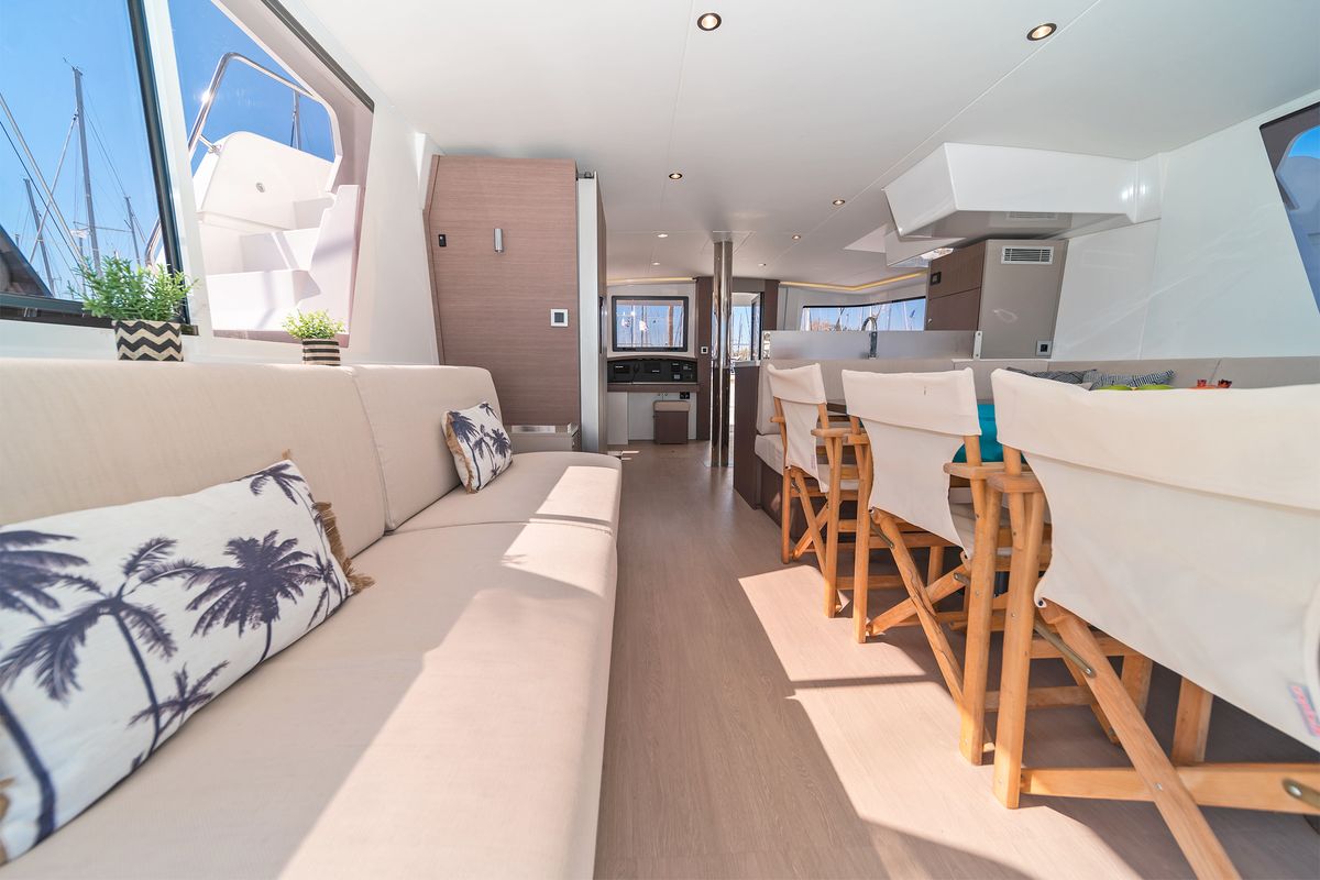 Salon of Basma, a Bali 4.8 catamaran at Athens, Greece
