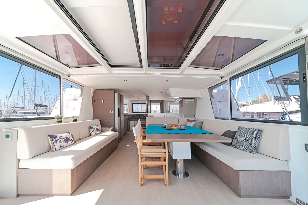 Salon of Basma, a Bali 4.8 catamaran at Athens, Greece