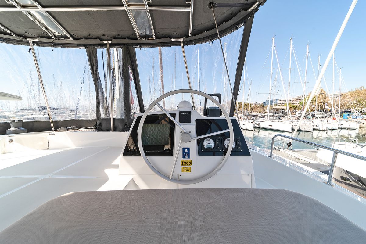 Cockpit of Basma, a Bali 4.8 catamaran at Athens, Greece