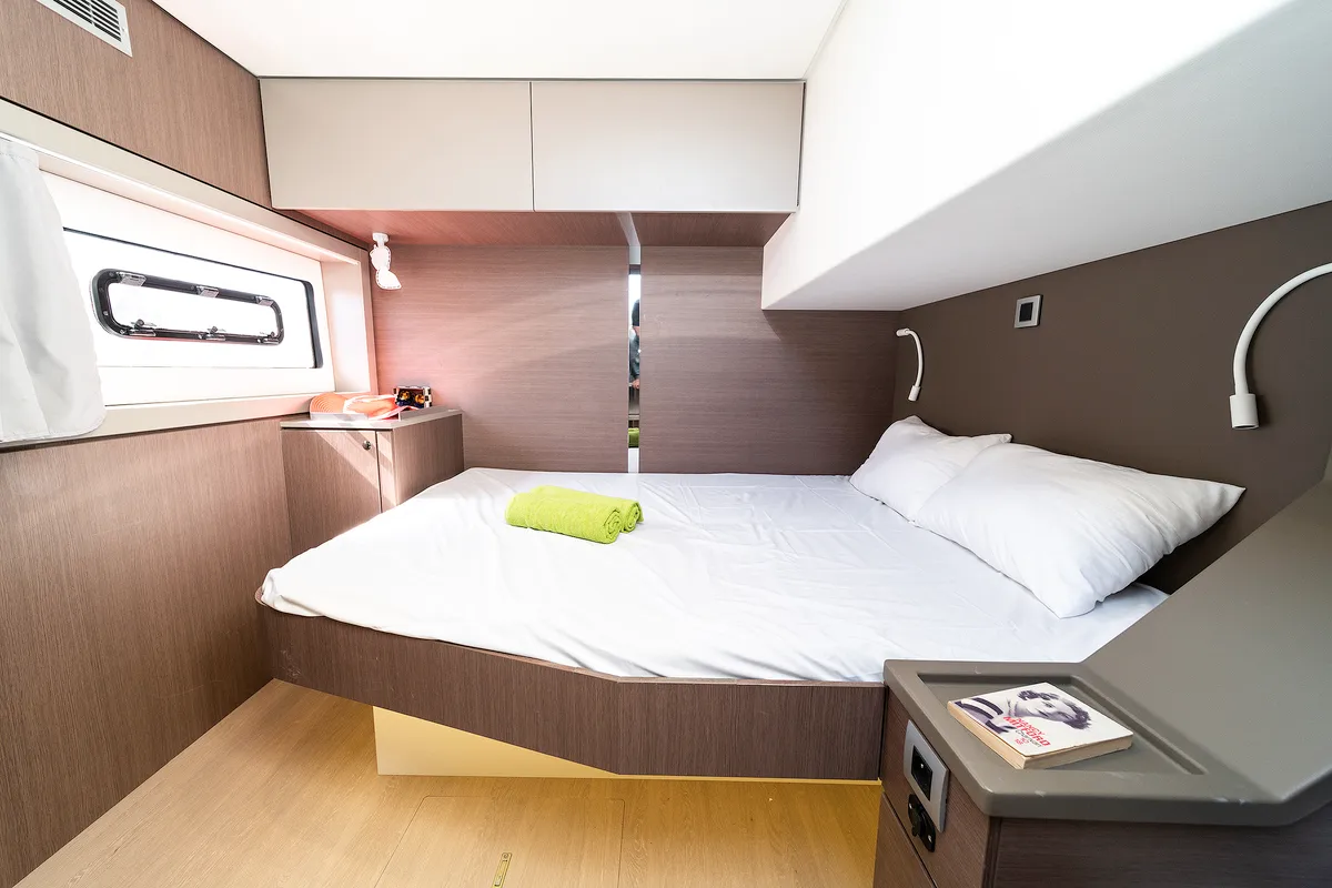 Cabin on Basma, a Bali 4.8 catamaran at Athens, Greece