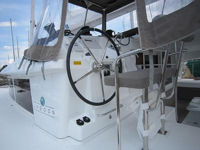 Cockpit of Emerald Seas, a Lagoon 400 S2 catamaran at Lavreotiki Municipal Unit, Greece