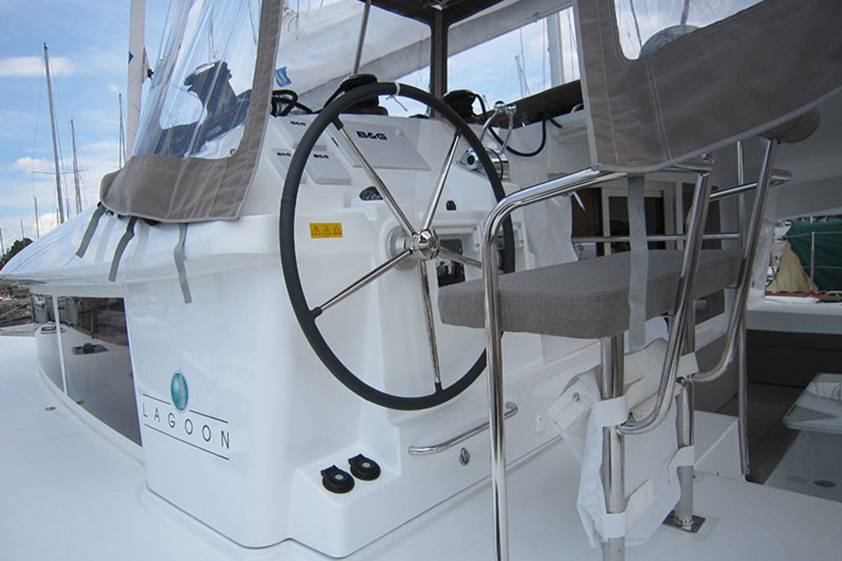 Cockpit of Emerald Seas, a Lagoon 400 S2 catamaran at Lavreotiki Municipal Unit, Greece