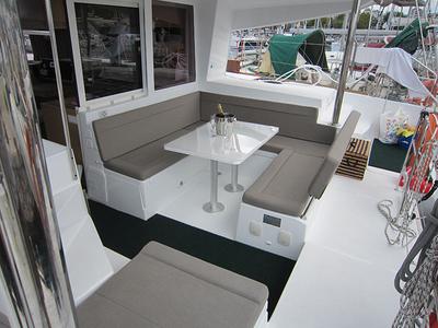 Deck of Emerald Seas, a Lagoon 400 S2 catamaran at Lavreotiki Municipal Unit, Greece