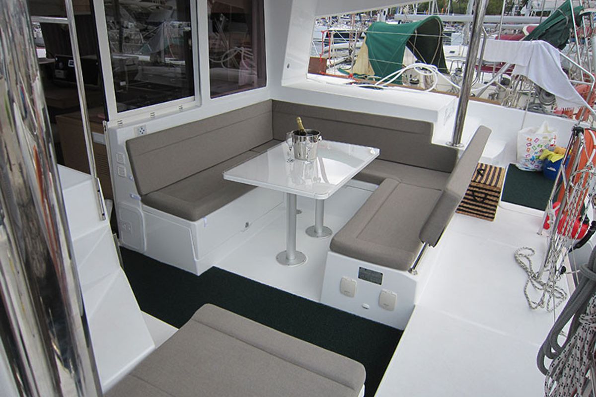 Deck of Emerald Seas, a Lagoon 400 S2 catamaran at Lavreotiki Municipal Unit, Greece