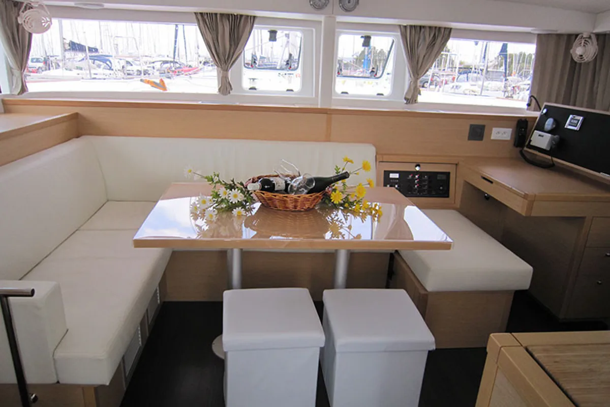Salon of Emerald Seas, a Lagoon 400 S2 catamaran at Lavreotiki Municipal Unit, Greece