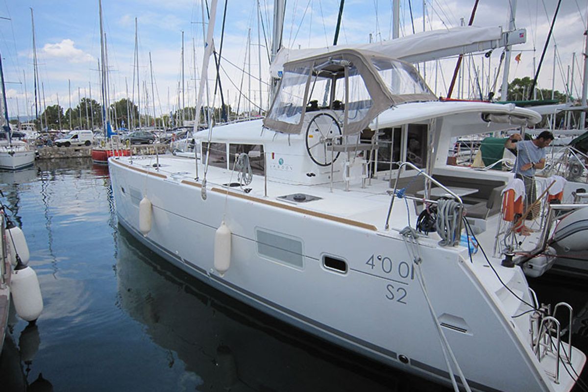 Exterior view of Emerald Seas, a Lagoon 400 S2 catamaran at Lavreotiki Municipal Unit, Greece