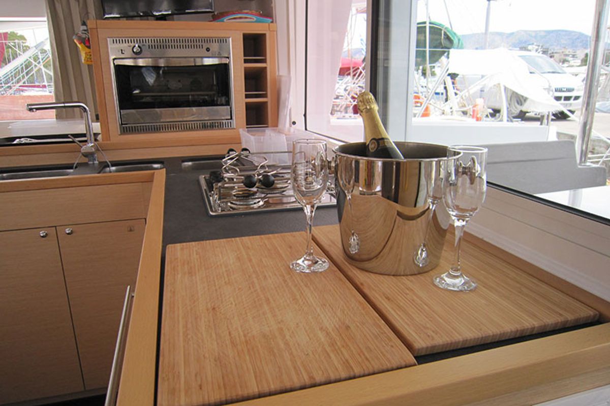 Galley of Emerald Seas, a Lagoon 400 S2 catamaran at Lavreotiki Municipal Unit, Greece
