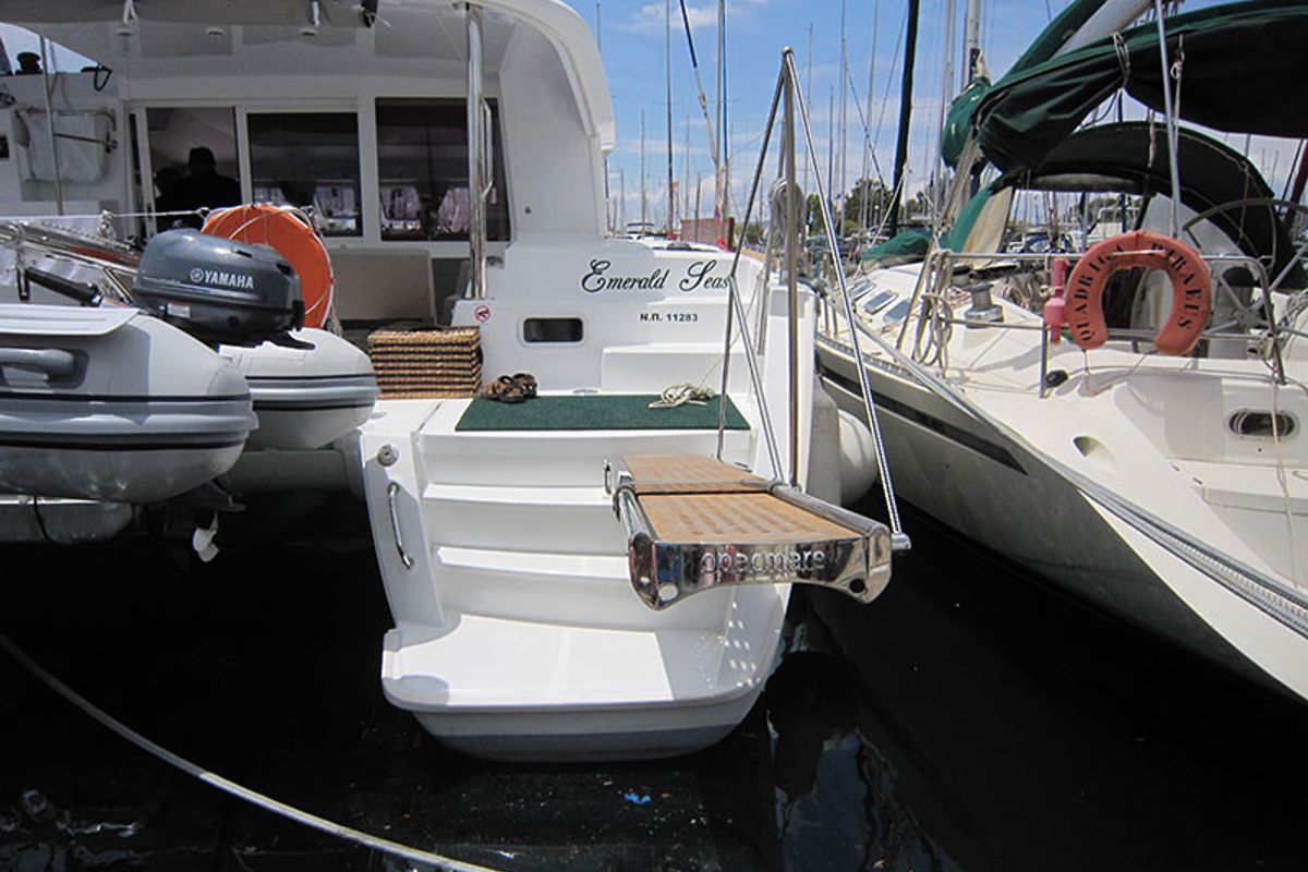 Exterior view of Emerald Seas, a Lagoon 400 S2 catamaran at Lavreotiki Municipal Unit, Greece