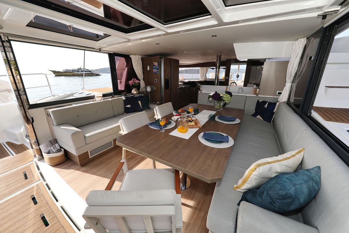 Salon of La Vie Est Belle, a Bali 4.8 catamaran at Seget Donji, Croatia
