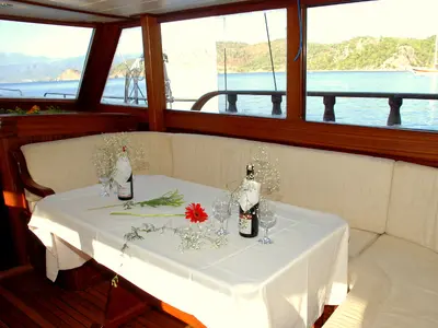 Salon of Beyefendi H, a Custom Made Be Happy yacht at Bodrum, Turkey