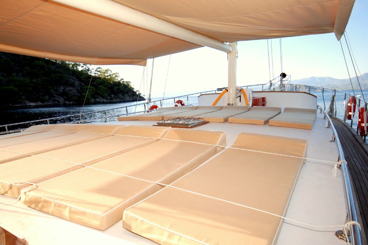 Deck of Beyefendi H, a Custom Made Be Happy yacht at Bodrum, Turkey