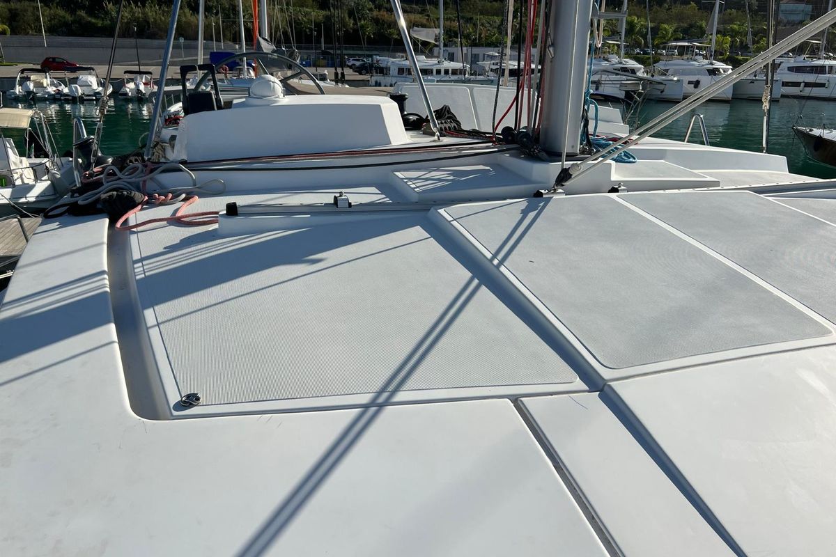 Deck of Ginevra, a Bali 4.1 catamaran at Capo d'Orlando, Italy