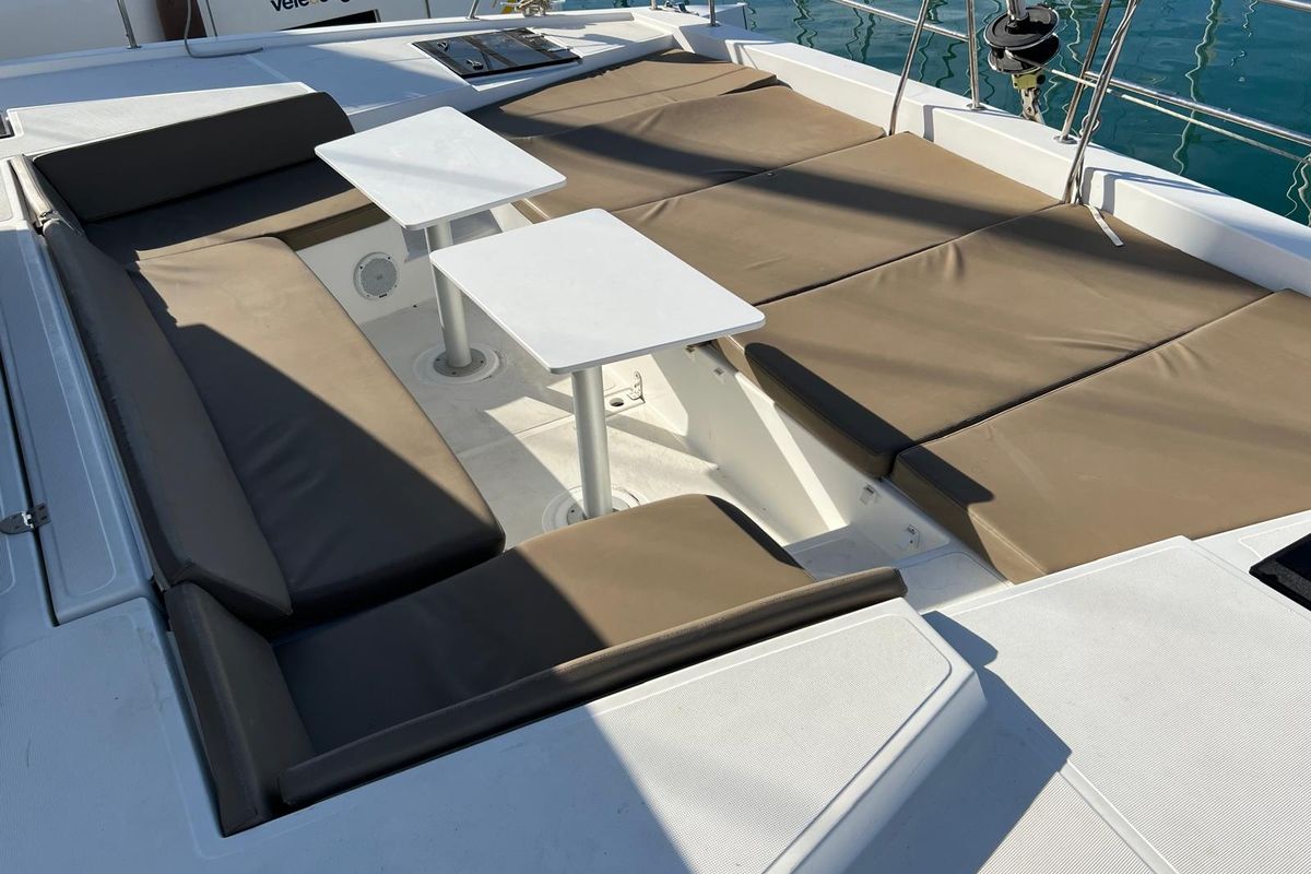 Deck of Ginevra, a Bali 4.1 catamaran at Capo d'Orlando, Italy